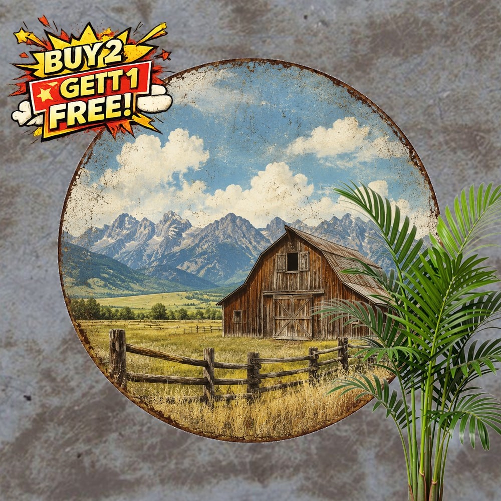 Barn Landscape Round Metal Sign Fade Resistant Rustic Decor Plaque 8x8