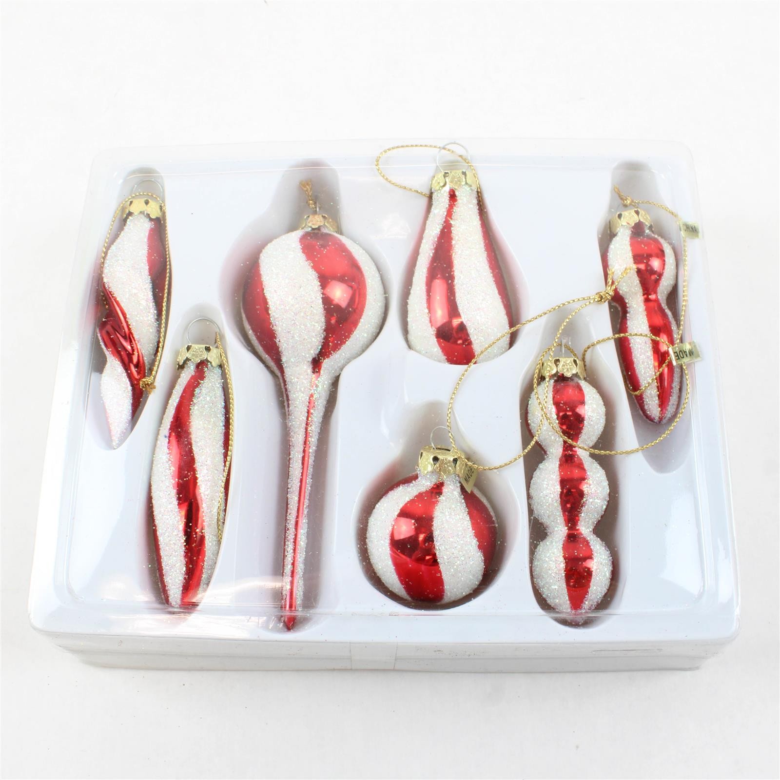 Set of 7 Red & White Glitter Christmas Ornaments - New in Box
