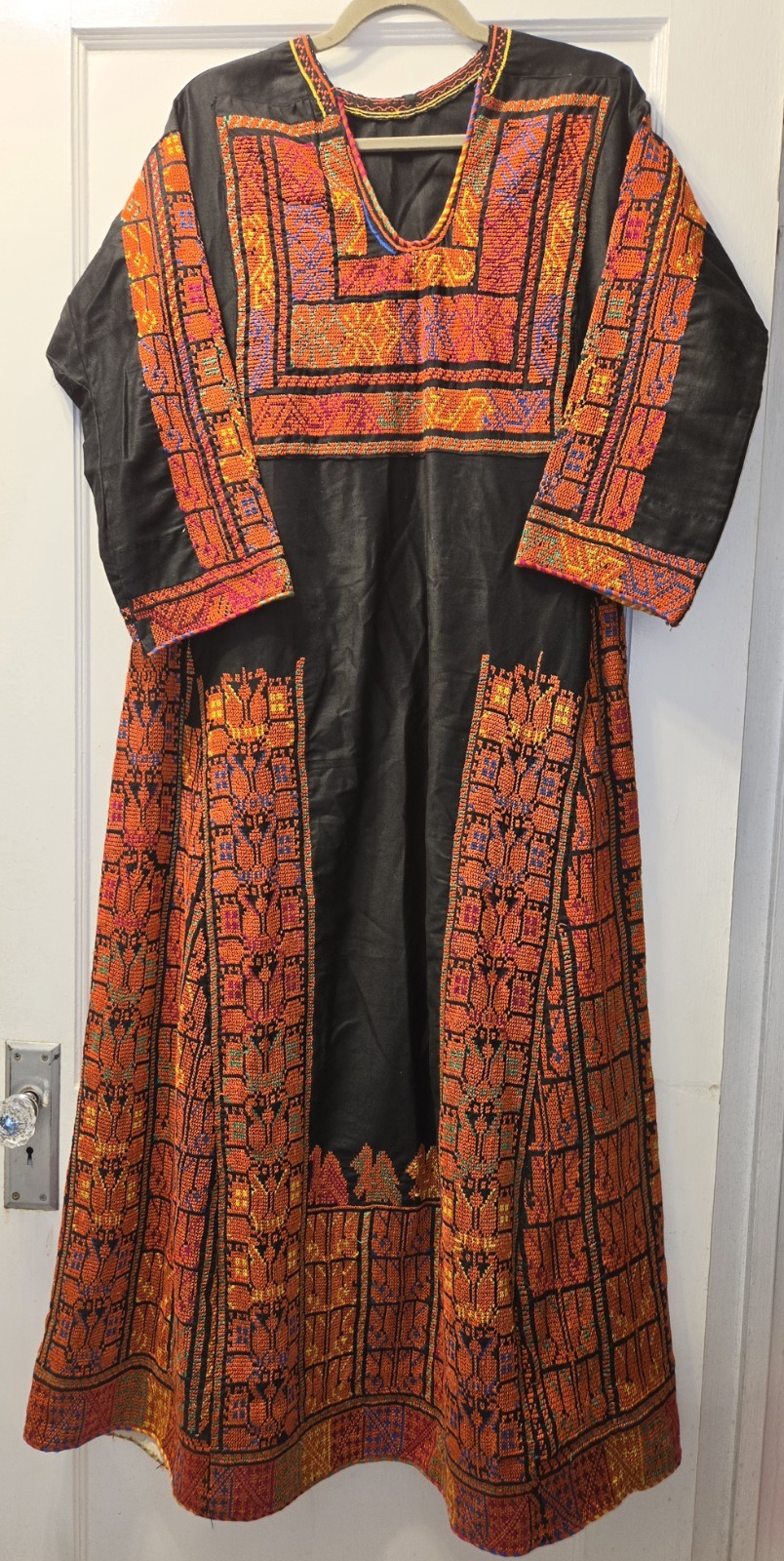 Vintage 70's  Handmade Palestinian Thobe Dress. Authentic Tatreez Embroidery OS