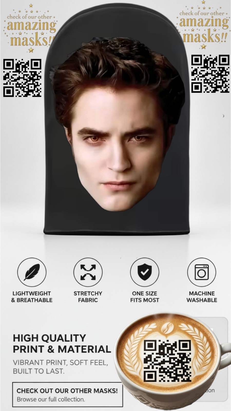 1x🩸Edward Cullen Face Neck Mask Twilight Saga Robert Pattinson Costume Cosplay