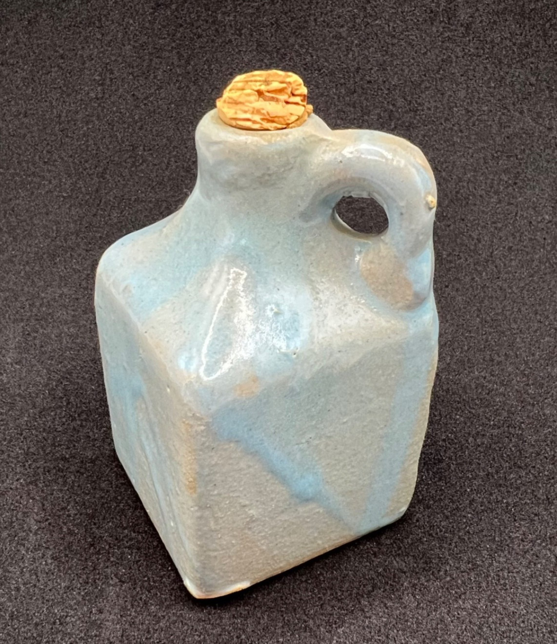 Handmade Studio Pottery Miniature Stoneware Jug Blue Glaze Square Moonshine Cork