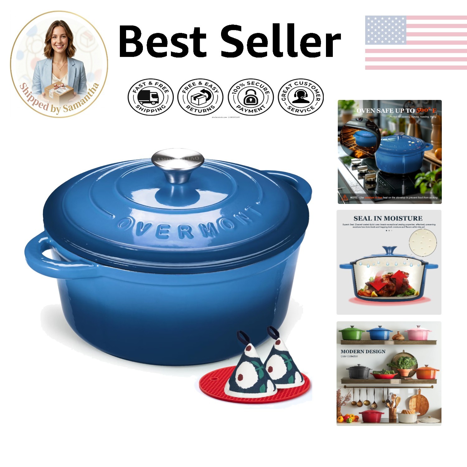 Versatile 4.5QT Enameled Cast Iron Cookware Set - Includes Potholders