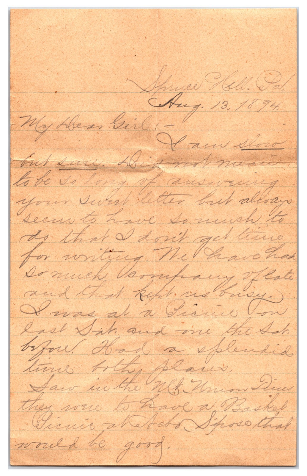 Vintage 1894 Handwritten Letter Between Friends ( Spruce Hill Pennsylvania )