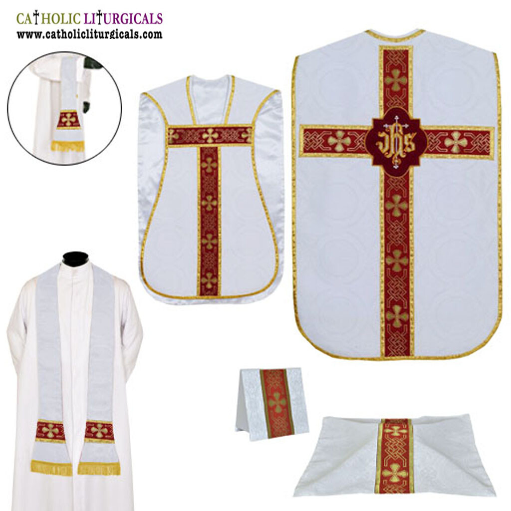 NEW White Roman Fiddleback Chasuble, Fiddleback Vestment 5pcs Mass Set, Casulla