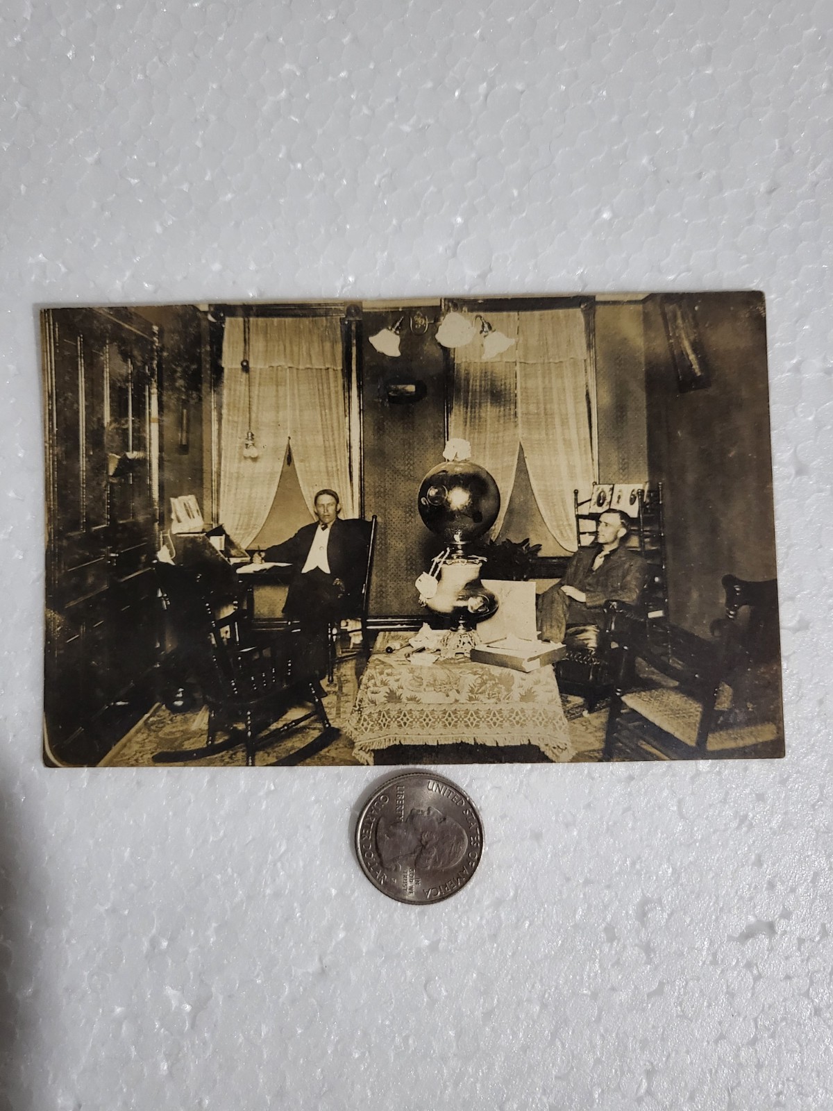 RPPC Postcard UNPosted, 1908? Two Men Sitting in Parlor with Early Lighting Lamp