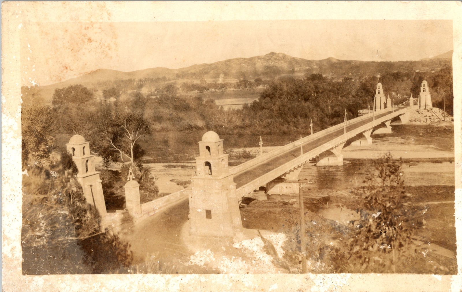 1920s RPPC Mission Bridge Santa Ana River Riverside CA Rubidoux Damaged
