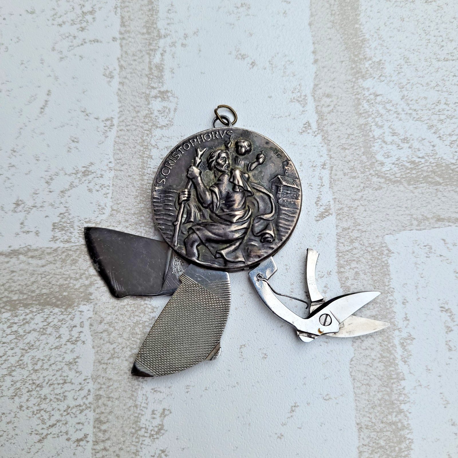 Vtg 60s Ackermannchen St. Christopher Watch Fob Coin Knife Pendant 800 Silver