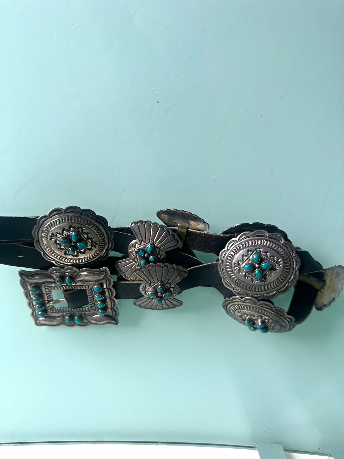 Vintage Native American Sterling Silver and turquoise concho belt signed SM