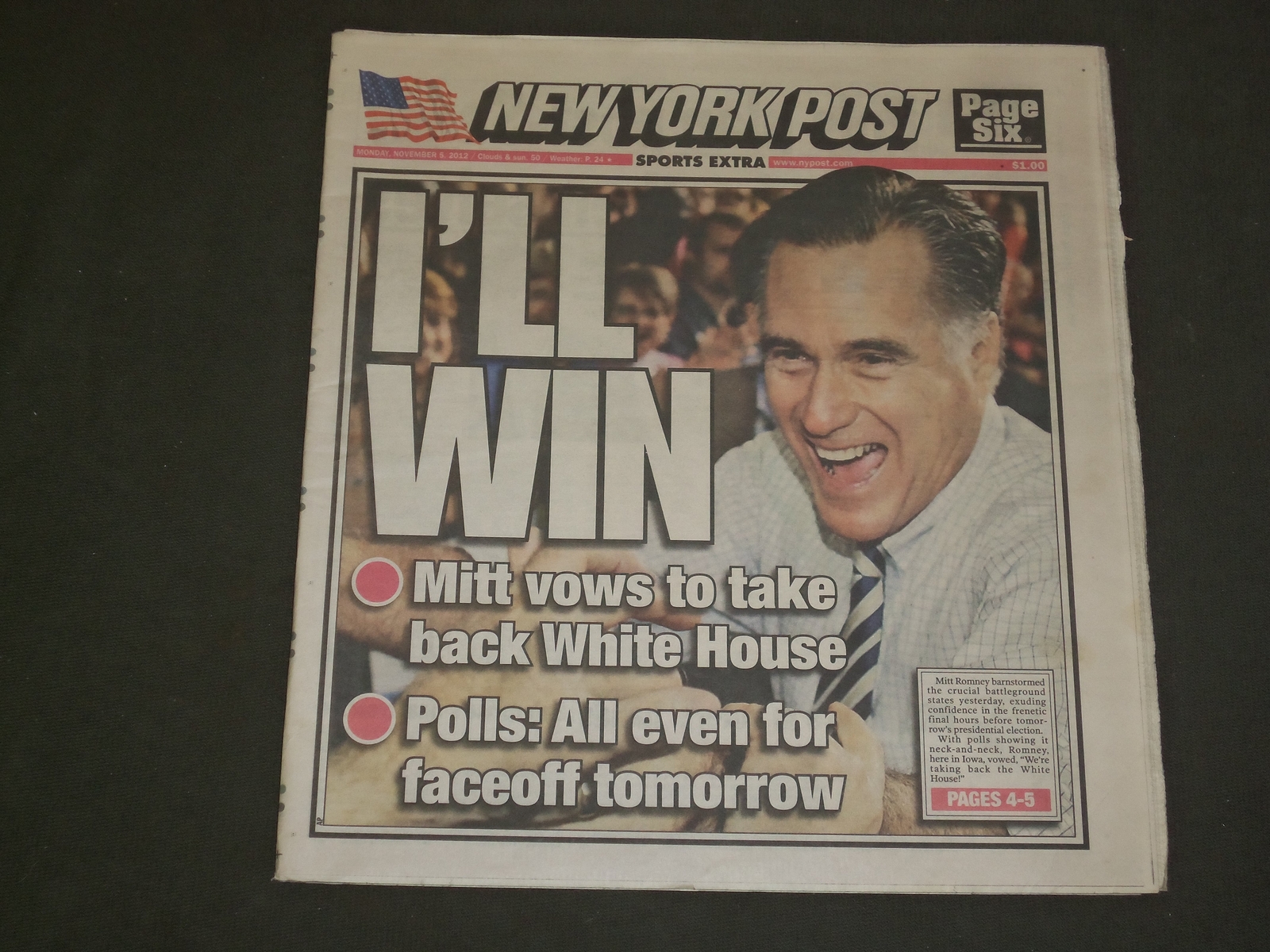 2012 NOVEMBER 5 NEW YORK POST NEWSPAPER - MITT ROMNEY - I'LL WIN THE ELECTION