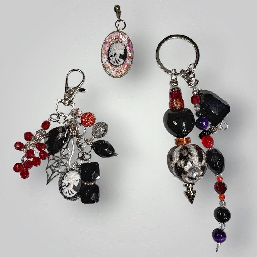 3pc Handmade Halloween Bag Charm Keychain Skeleton Cameo Pendant Lot Gothic