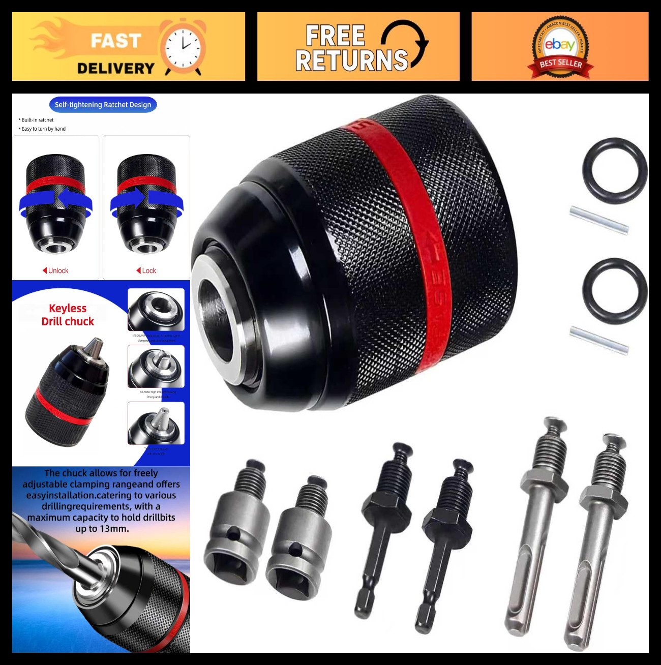 Keyless Drill Chuck，1/2-20UNF Mount 1.5-13mm Self-tighten Drill Chuck for Multi
