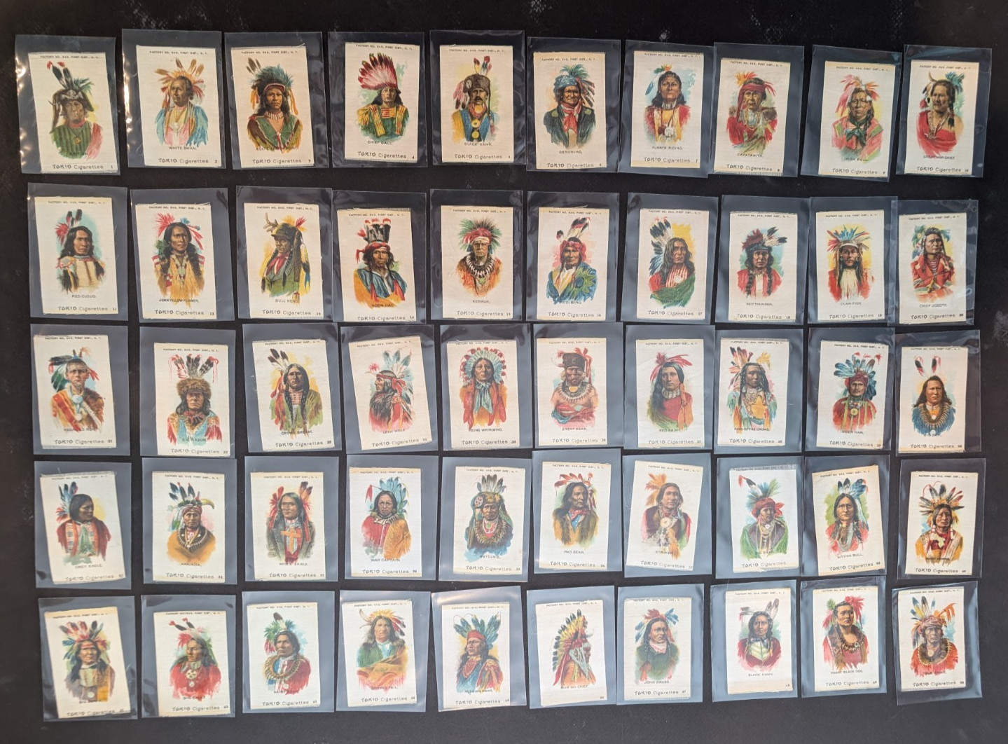 1910 S67 Tokio Cigarette Indian Chiefs Silks complete set 50 Numbered Version