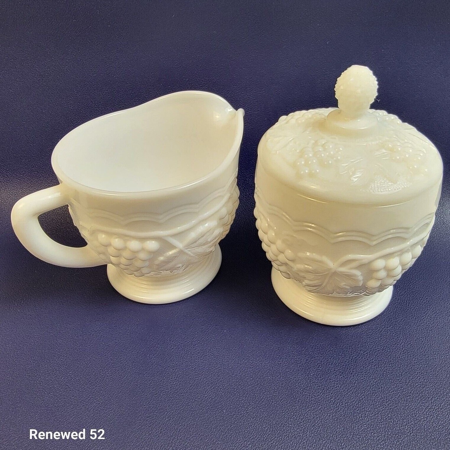 Vintage Imperial Milk Glass Grape Embossed Footed Creamer & Sugar Bowl Set