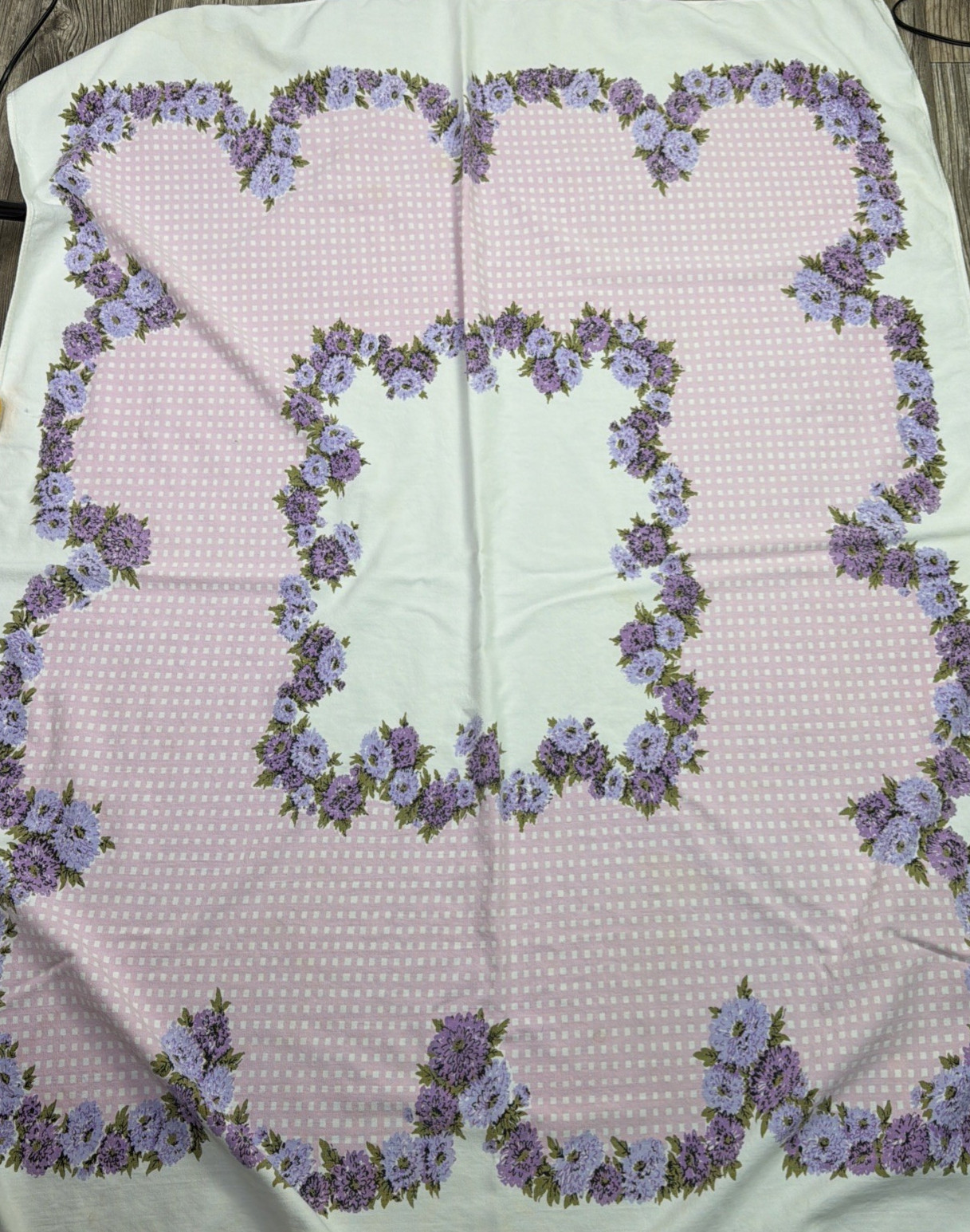 Vintage Mid Century 50’s Floral Tablecloth 40x53 Soft Purple Pink Gingham