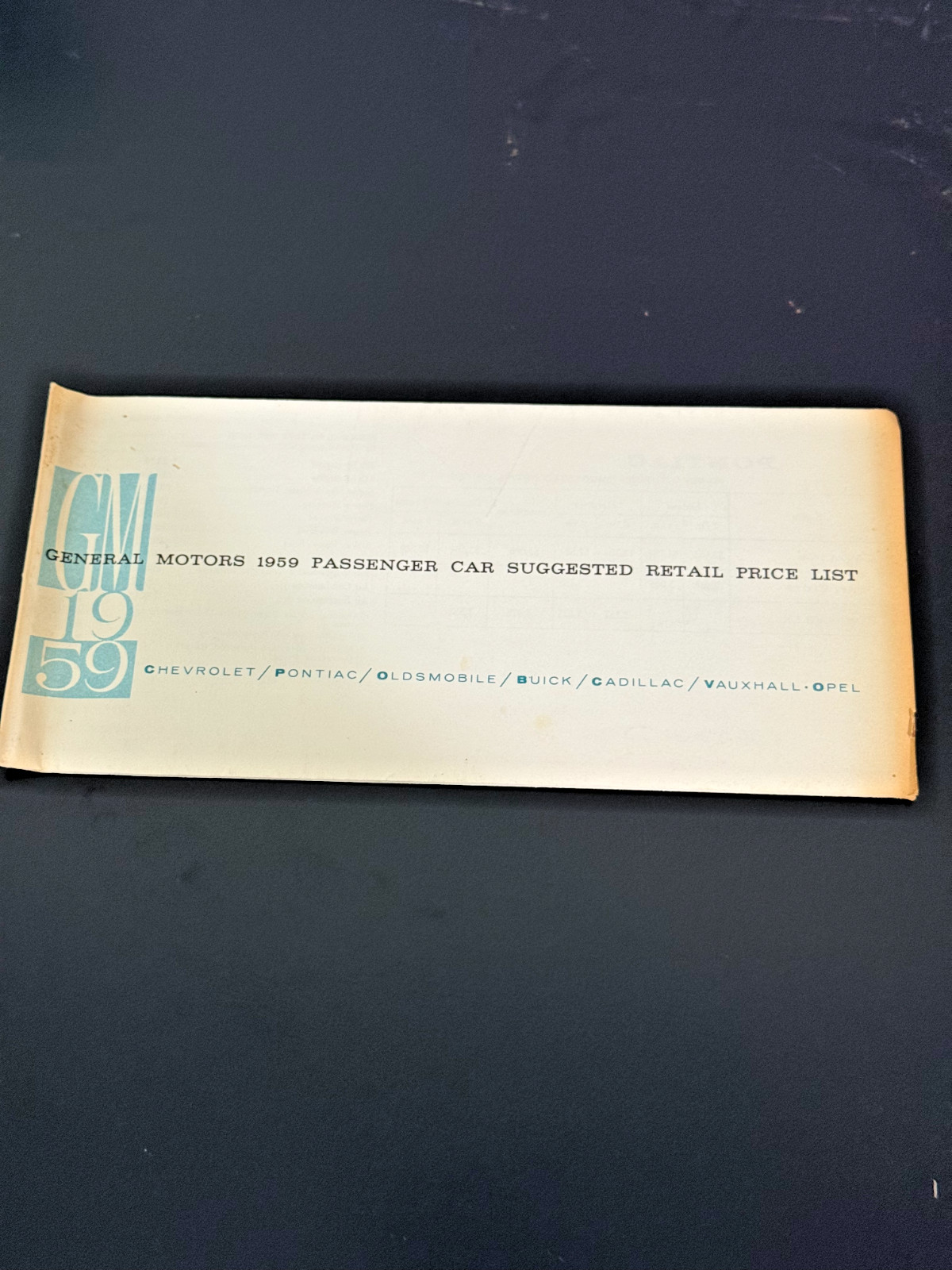 General Motors Vintage 1959 Car Suggested Retail Price List