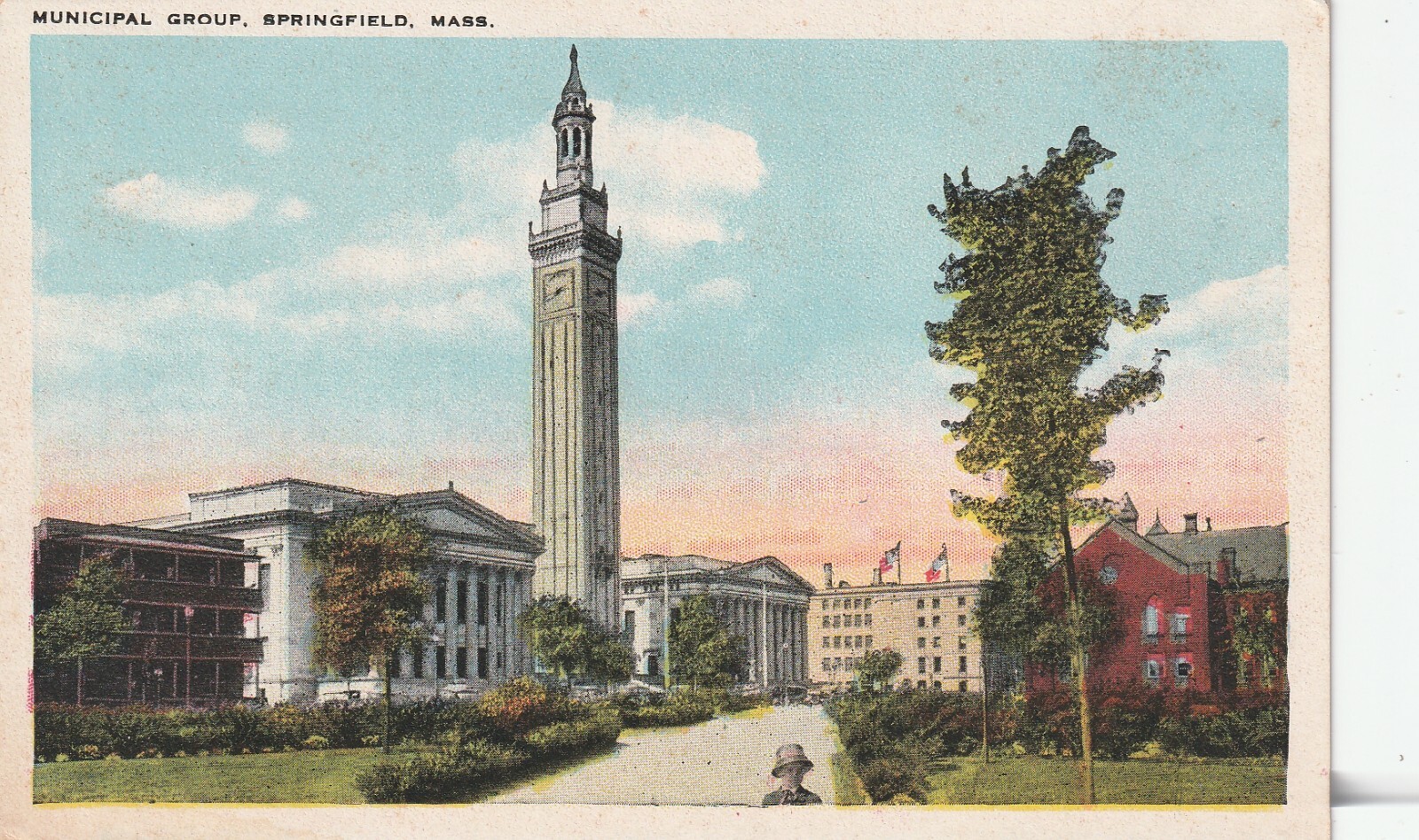 Springfield MA-Massachusetts, Municipal Group Clocktower White border Postcard