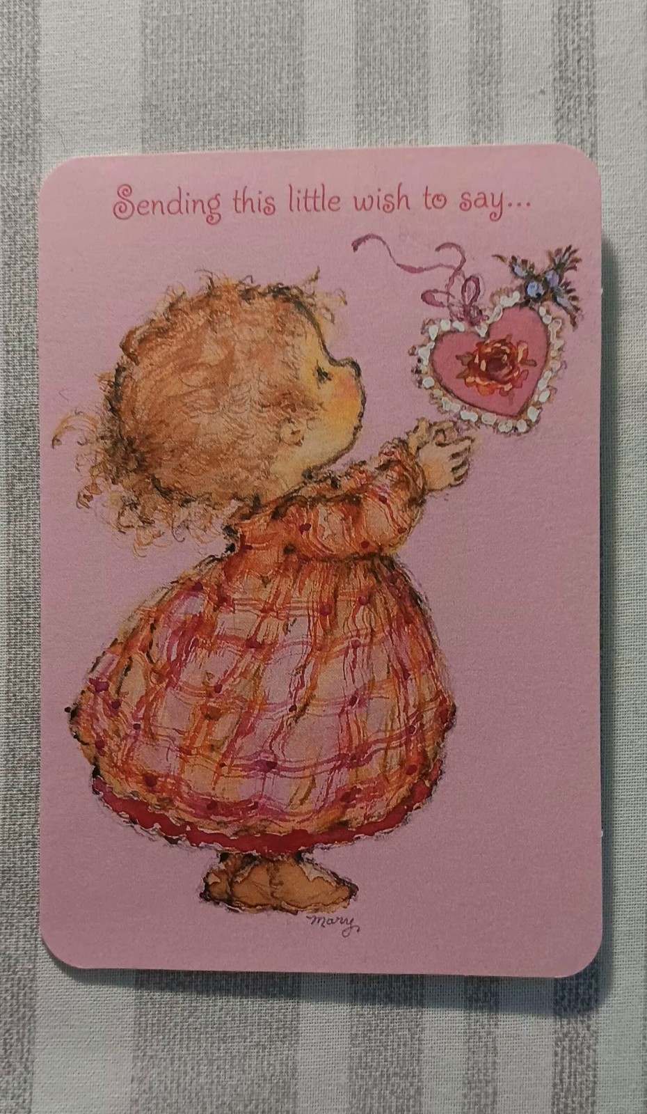 vintage NOS greeting card Valentine Mary Hamilton little girl pink Heart Bird