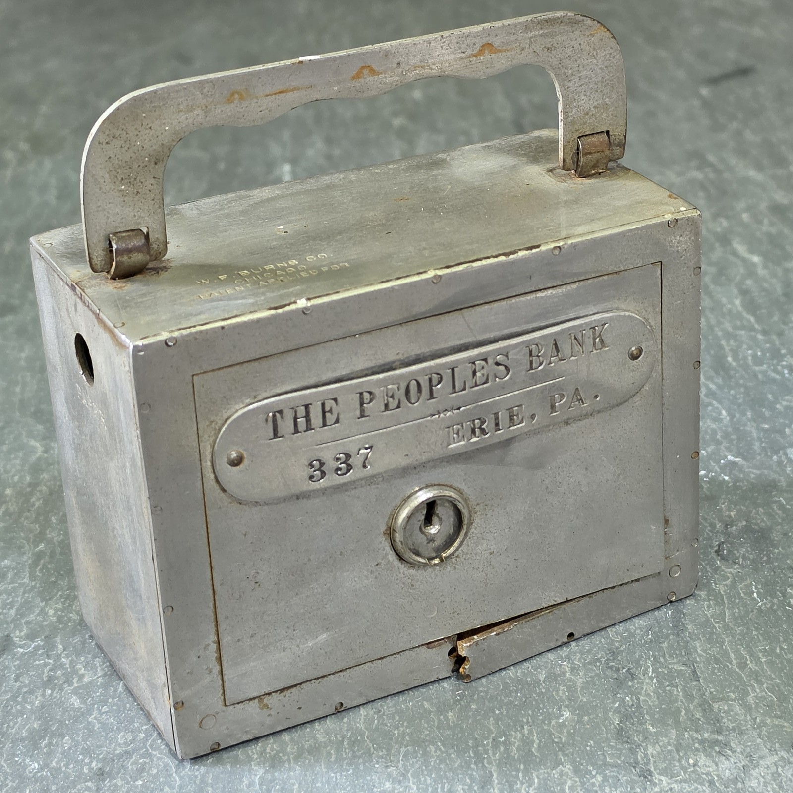 Antique 1900s WF Burns Peoples Bank Erie PA Safe Still Bank Coin Box Steel Brass
