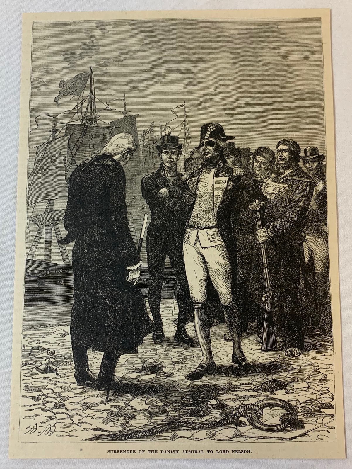 1880 magazine engraving ~ DANISH SURRENDER TO LORD NELSON