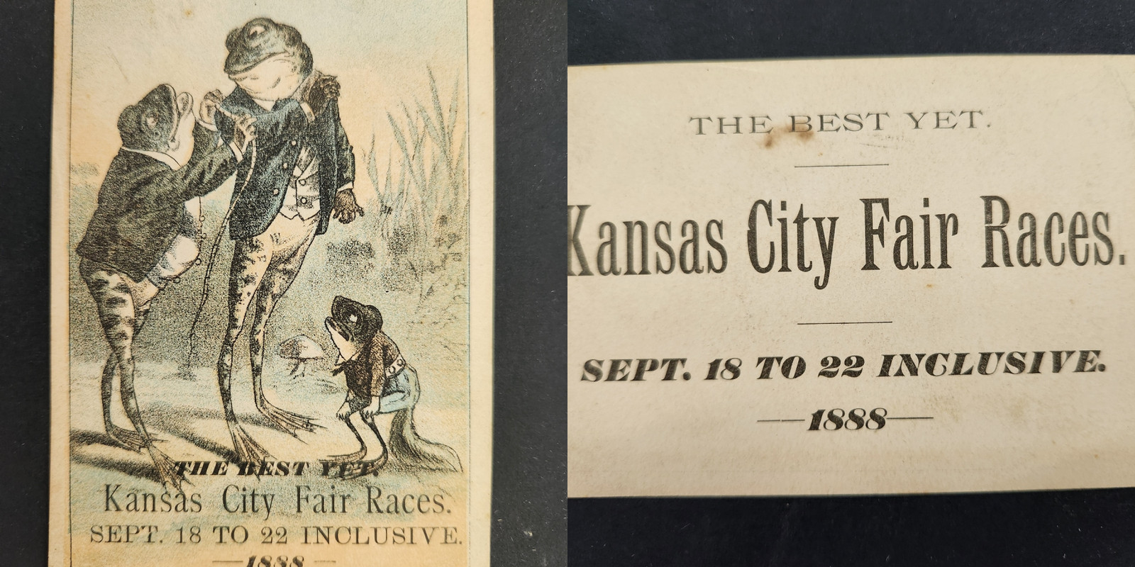 1888 antique KANSAS CITY FAIR EXPOSITION and RACES ad card ANTHROPOMORPHIC FROGS