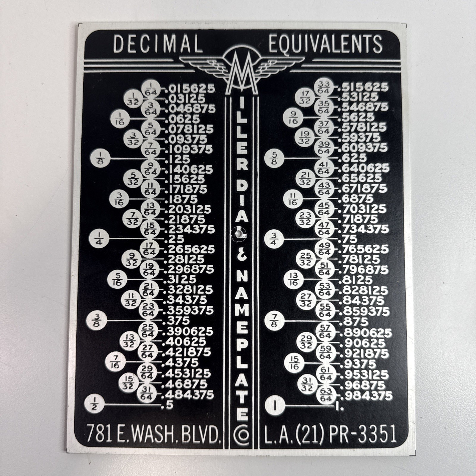 VINTAGE MILLER DIAL NAMEPLATE DECIMAL EQUIVALENTS TAP DRILL MACHINIST CHART USA VINTAGE MILLER DIAL NAMEPLATE DECIMAL EQUIVALENTS TAP DRILL MACHINIST CHART USA