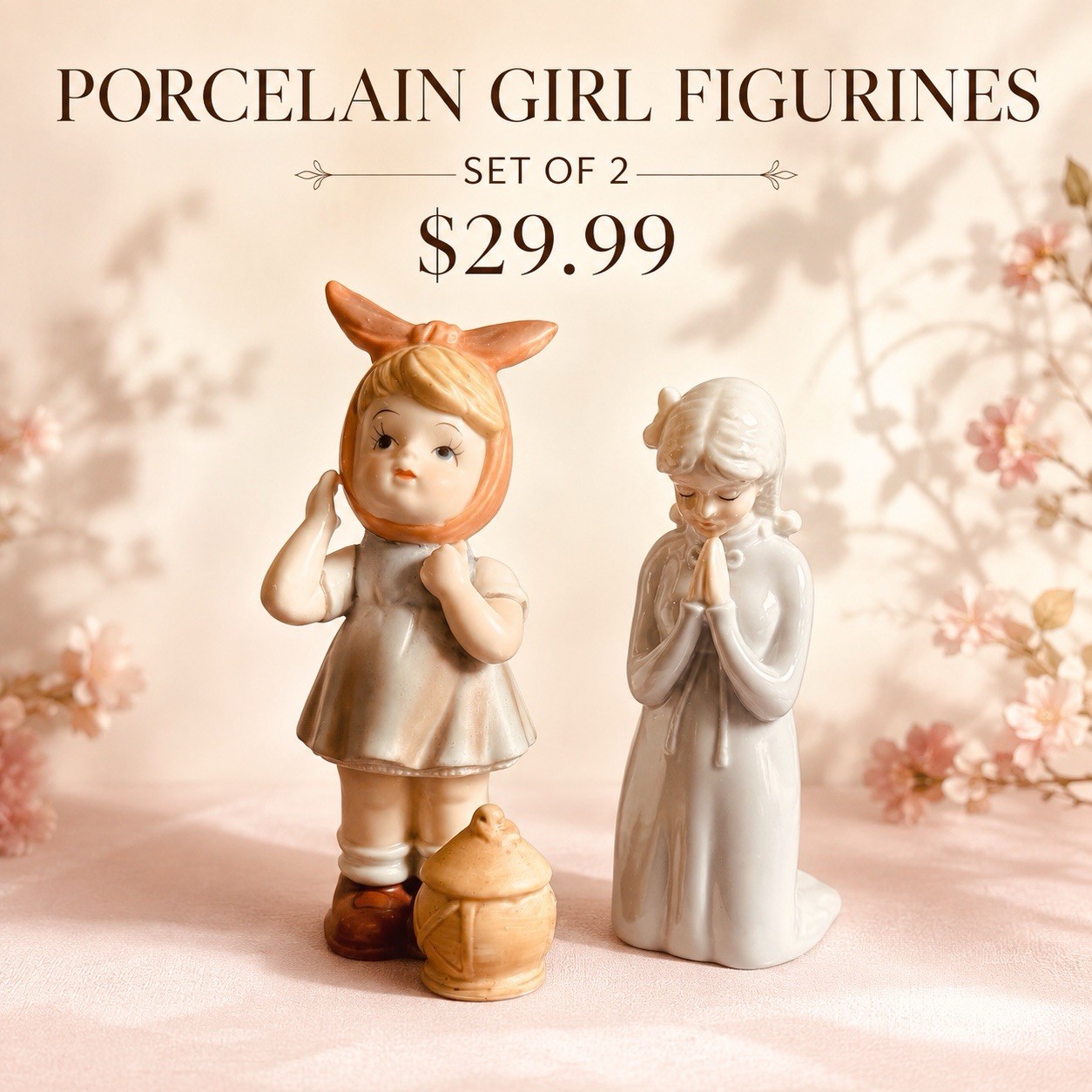 Porcelain Girl Figurines — Bonnet Girl & Praying Girl — Set of 2.FREE SHIP.