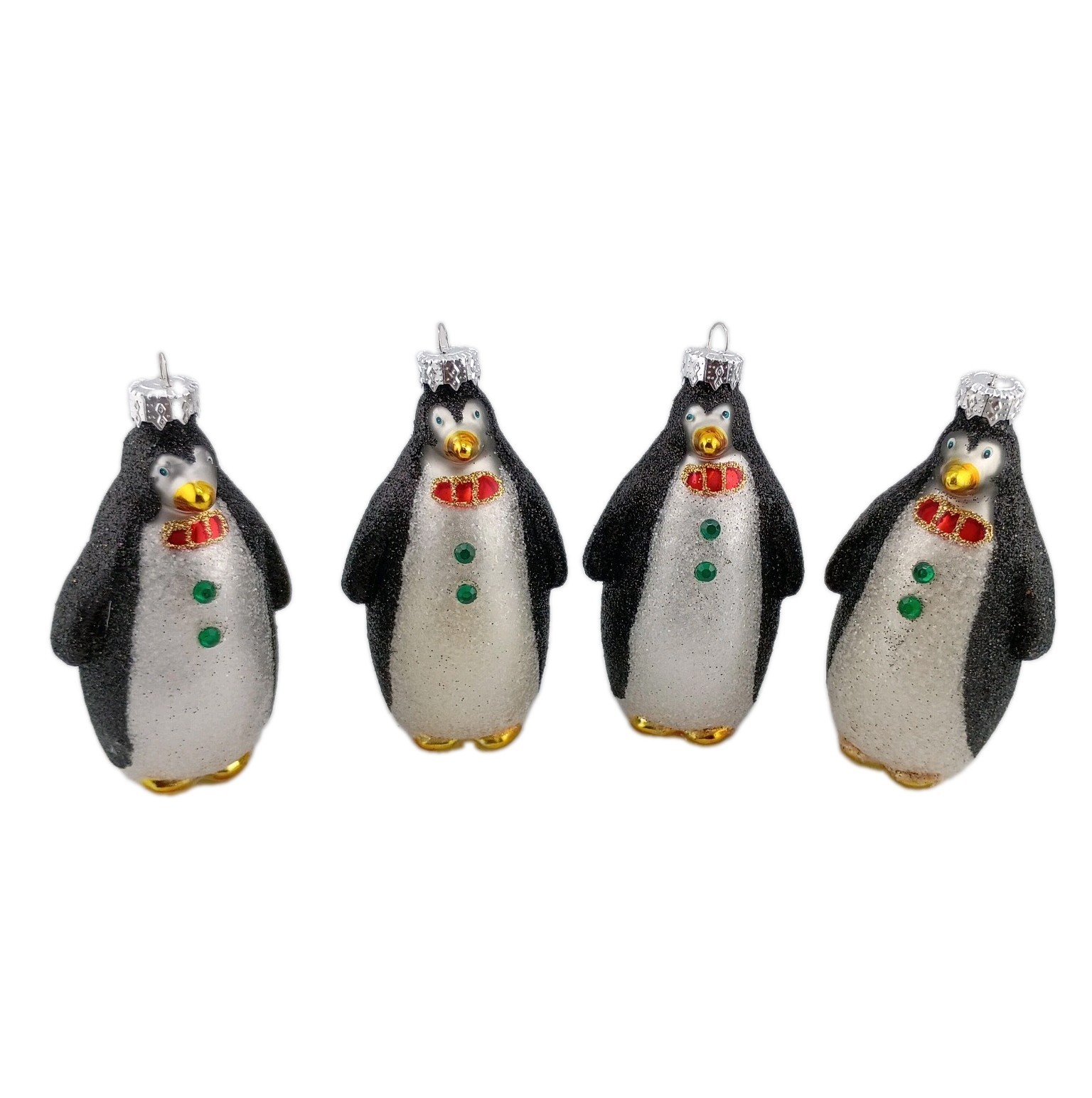 OWC Old World Christmas Blown Glass Penguin Red bow Tie Glitter Set Of 4 VTG