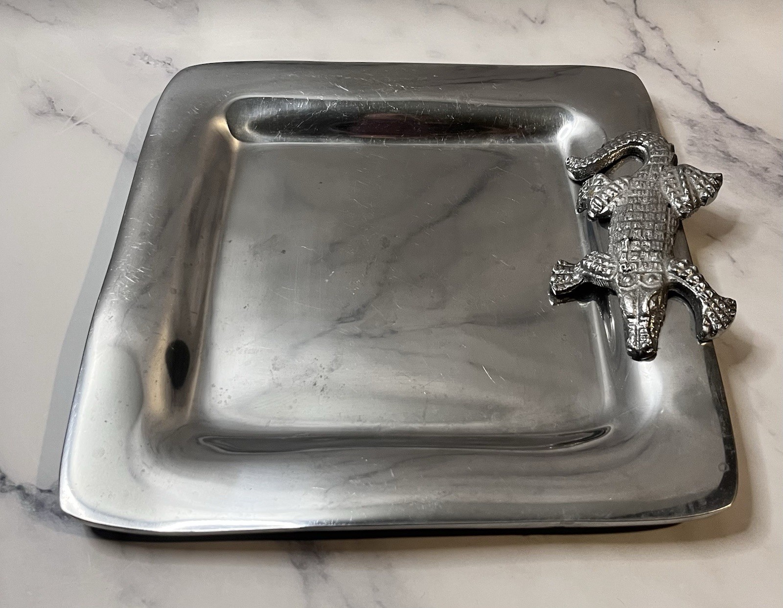 Vintage IHI Sandcast Metal Alligator Crocodile 9” Square Serving Decorative Tray