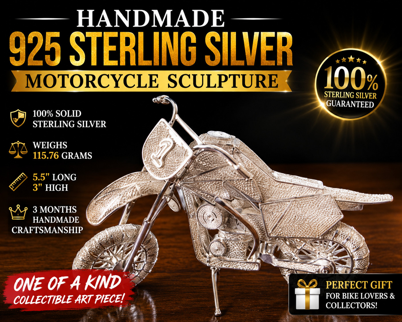 Handmade 925 Sterling Silver Motorcycle Sculpture Solid Silver Bike Figurine Art