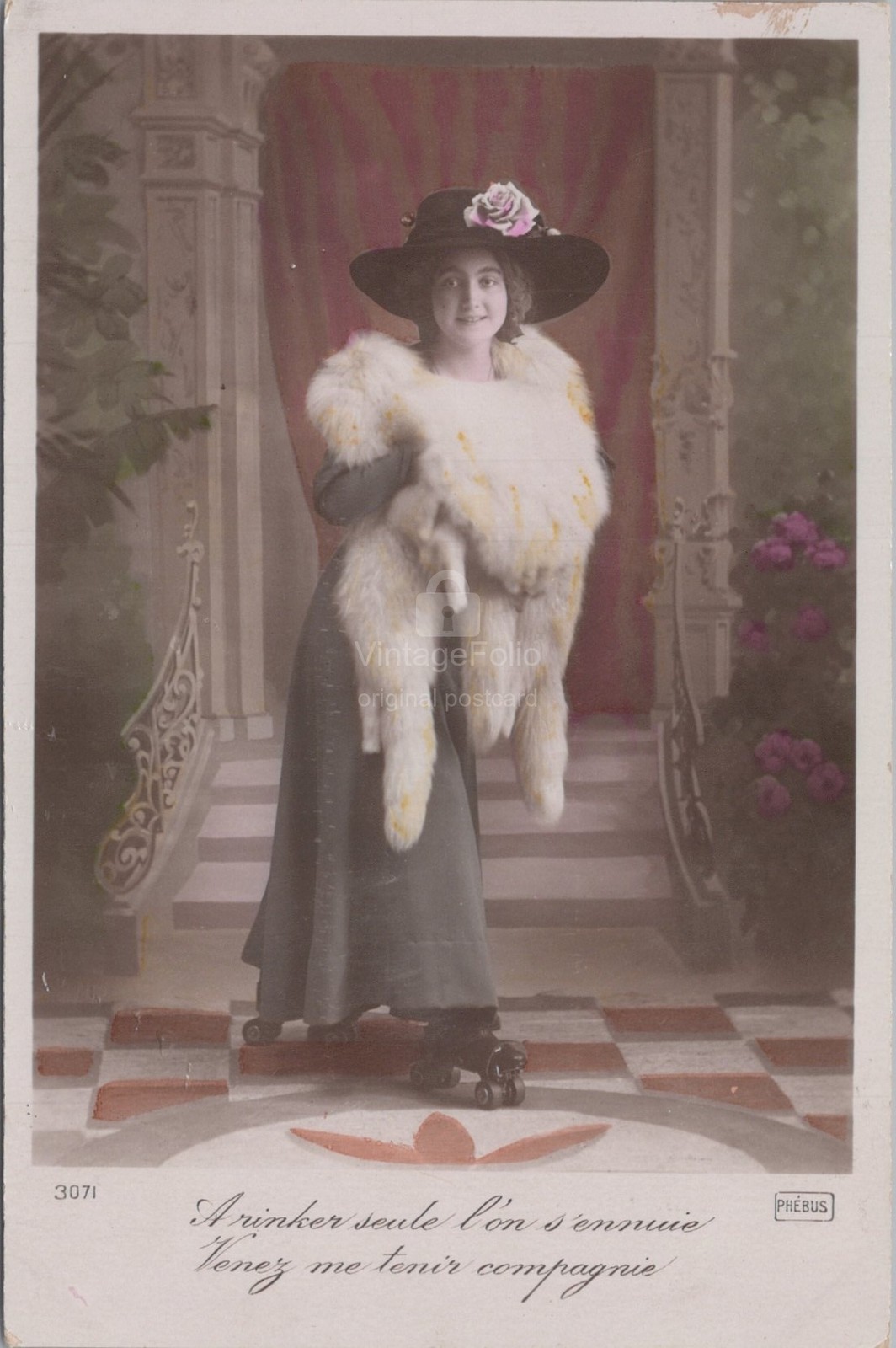 Woman Roller Skates Skating Fur Stole Muff Fashion Phebus French 1910s Postcard