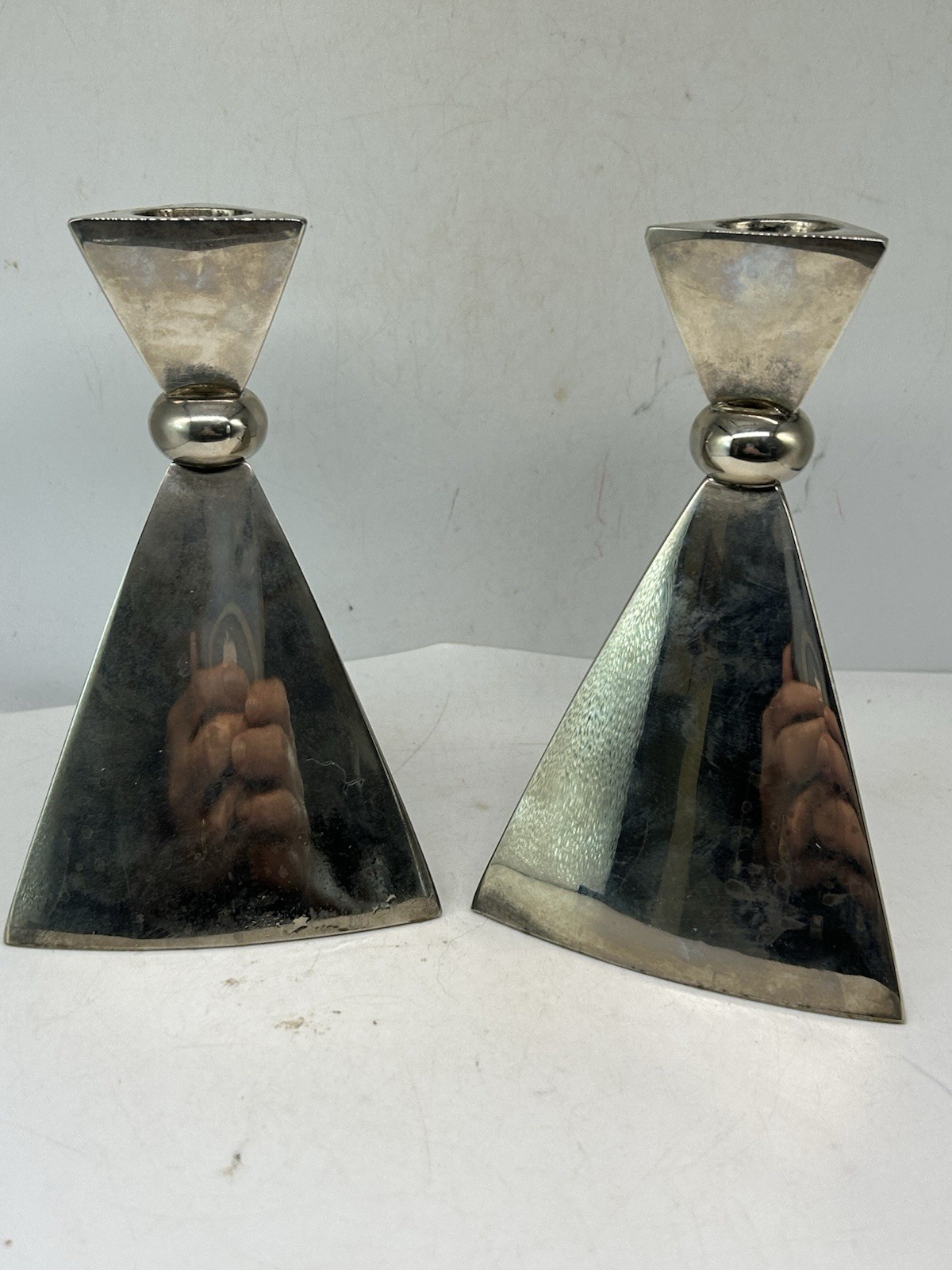 Vintage Dayton Hudson Chrome Ball & Triangle Candle Holders MCM Silver Plate 6”