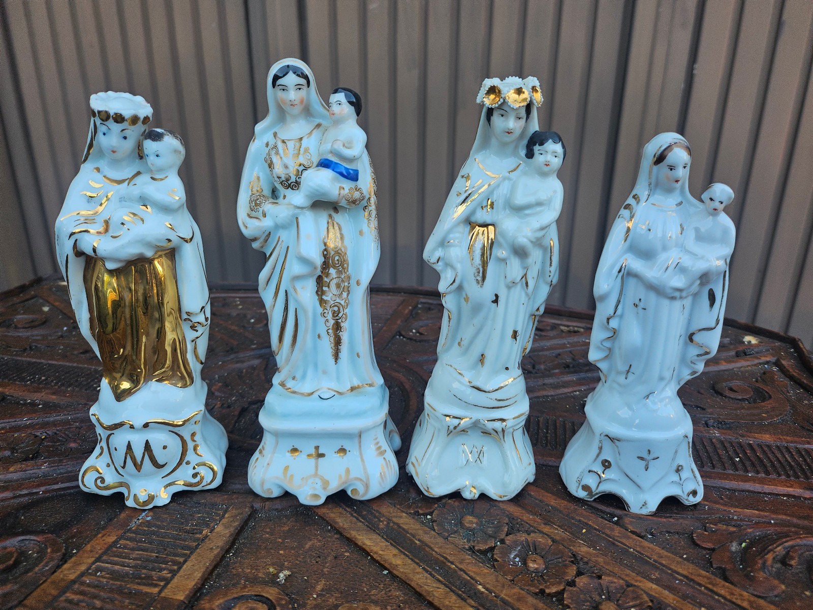 Set 4 antique french vieux paris porcelain madonna child jesus statues