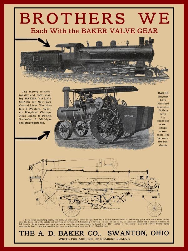 1912 A.D. Baker of Swanton OhiO Traction Engine, Thresher NEW Metal Sign: 12x16