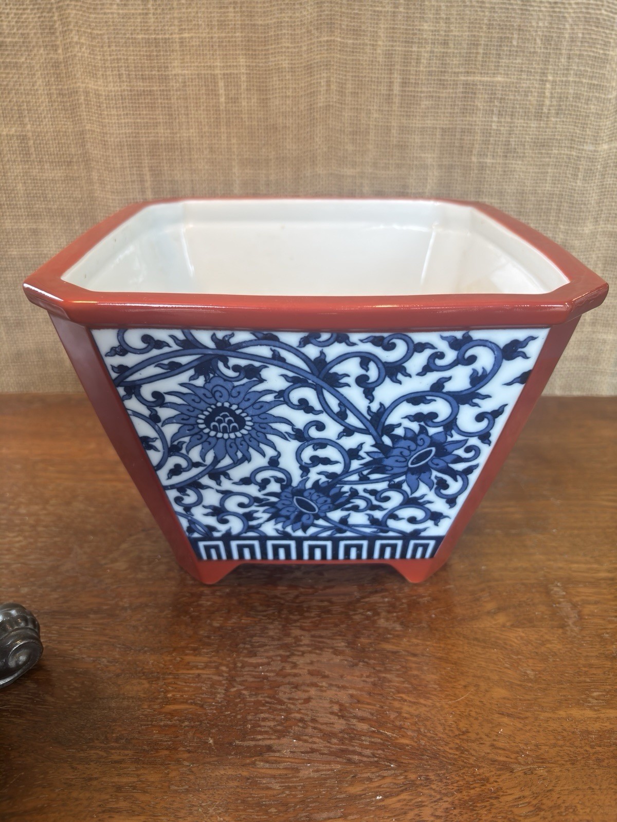 Vintage 1975 Fitz & Floyd Square Planter Japan Blue White Red Floral