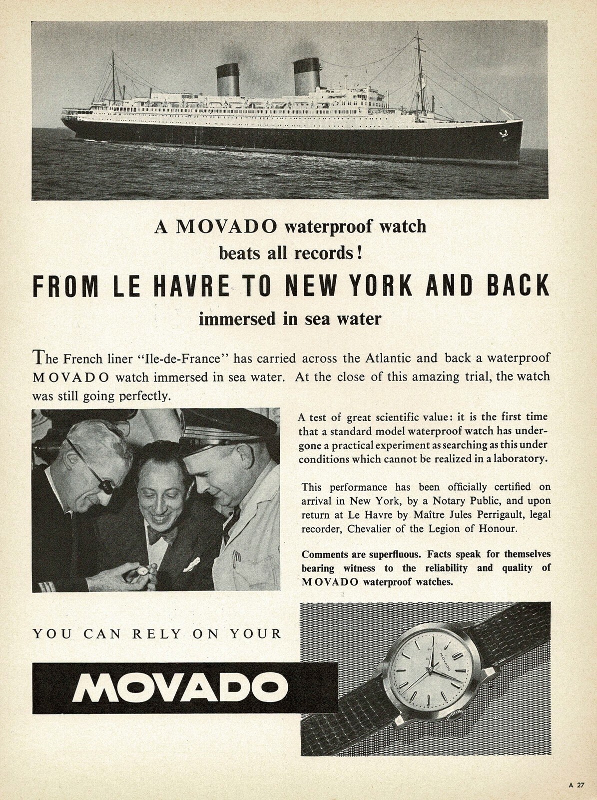 1950s Vintage Movado Watch Ile de France Cruise Liner Photo Print Ad 1950s Vintage Movado Watch Ile de France Cruise Liner Photo Print Ad
