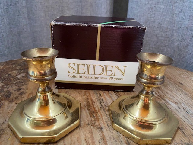 Vintage SEIDEN Solid Brass Candlestick Holders PAIR Octagon 3.5\