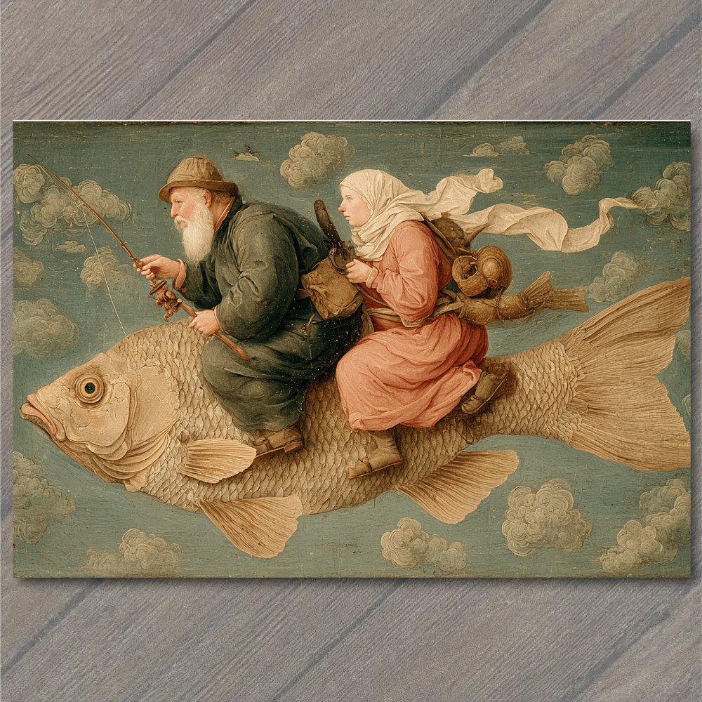 POSTCARD Surreal Giant Fish Riders Sky Folk Tale Dream Fantasy Painting POSTCARD Surreal Giant Fish Riders Sky Folk Tale Dream Fantasy Painting