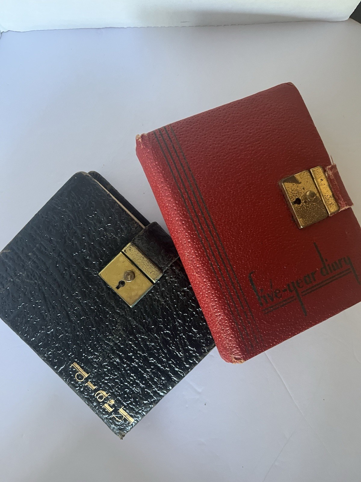Vintage Late 30’s Early 40’s Girls Red And Black Leather 5 Year Diaries, No Keys