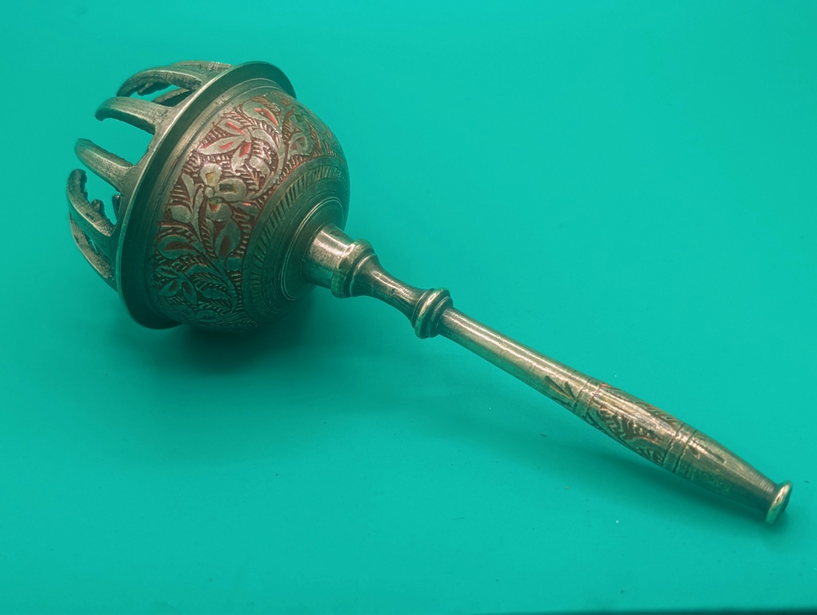 Vintage Indian Brass Claw Bell Hand Engraved Enamel Elephant Sarna Bell Handle