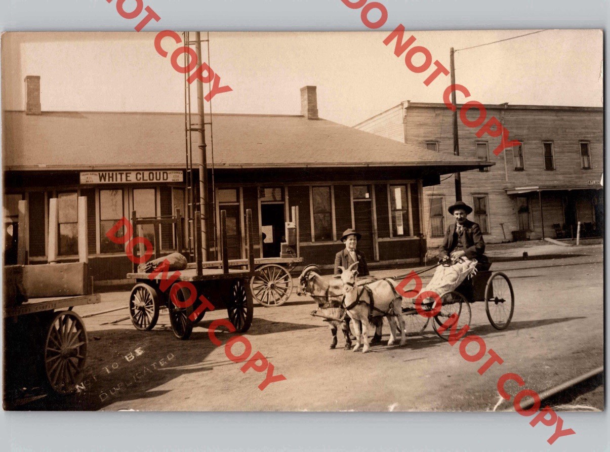 1910 Train Depot Amputated Popcorn Vendor Goat Cart WHITE CLOUD Michigan MI RPPC