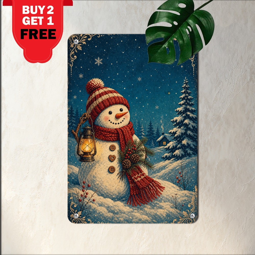 Vintage Snowman Holiday Painting Sign Festive Christmas Wall Metal Plaque 8x12