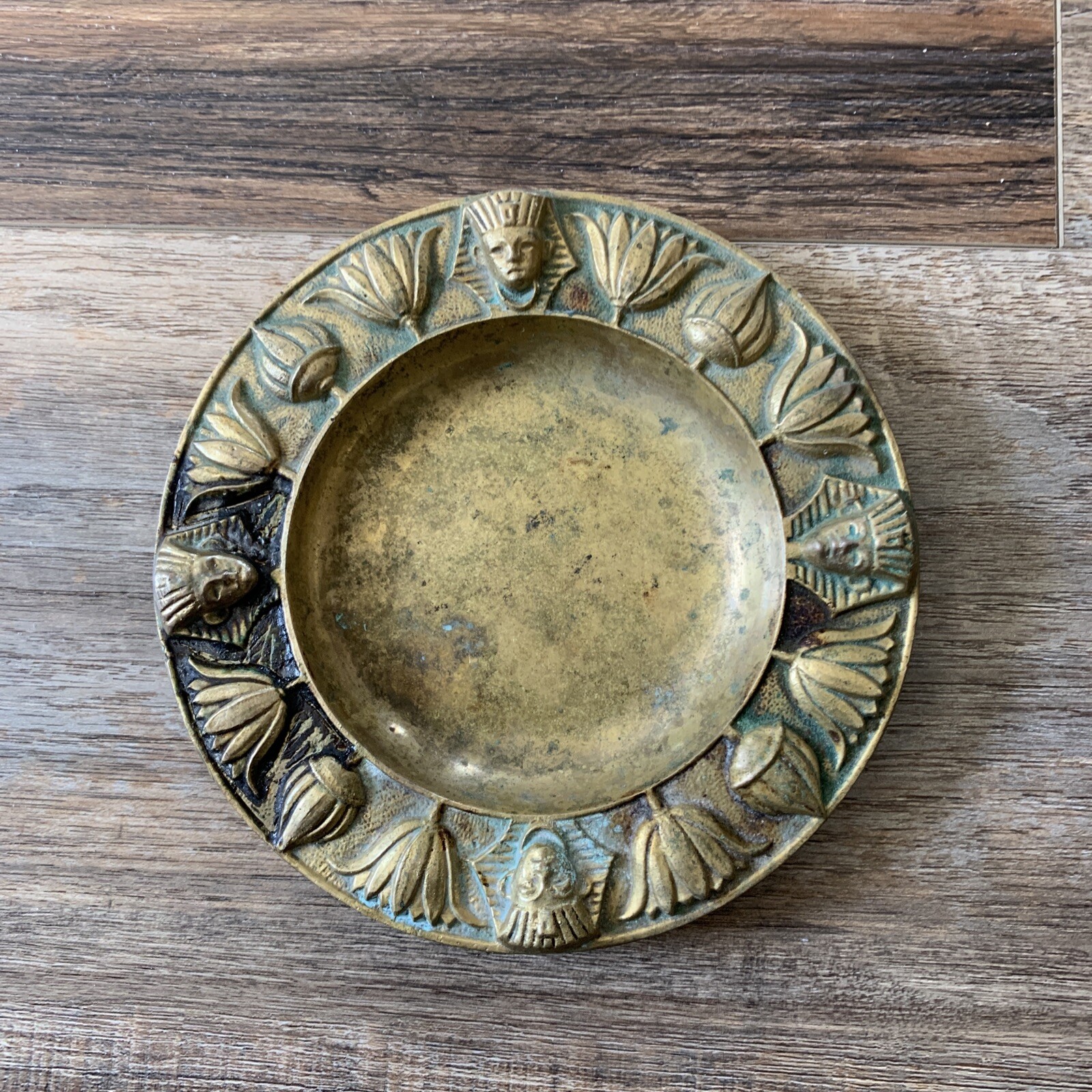 Antique Thick Brass Egyptian Dish W/raised Pharaohs Design 