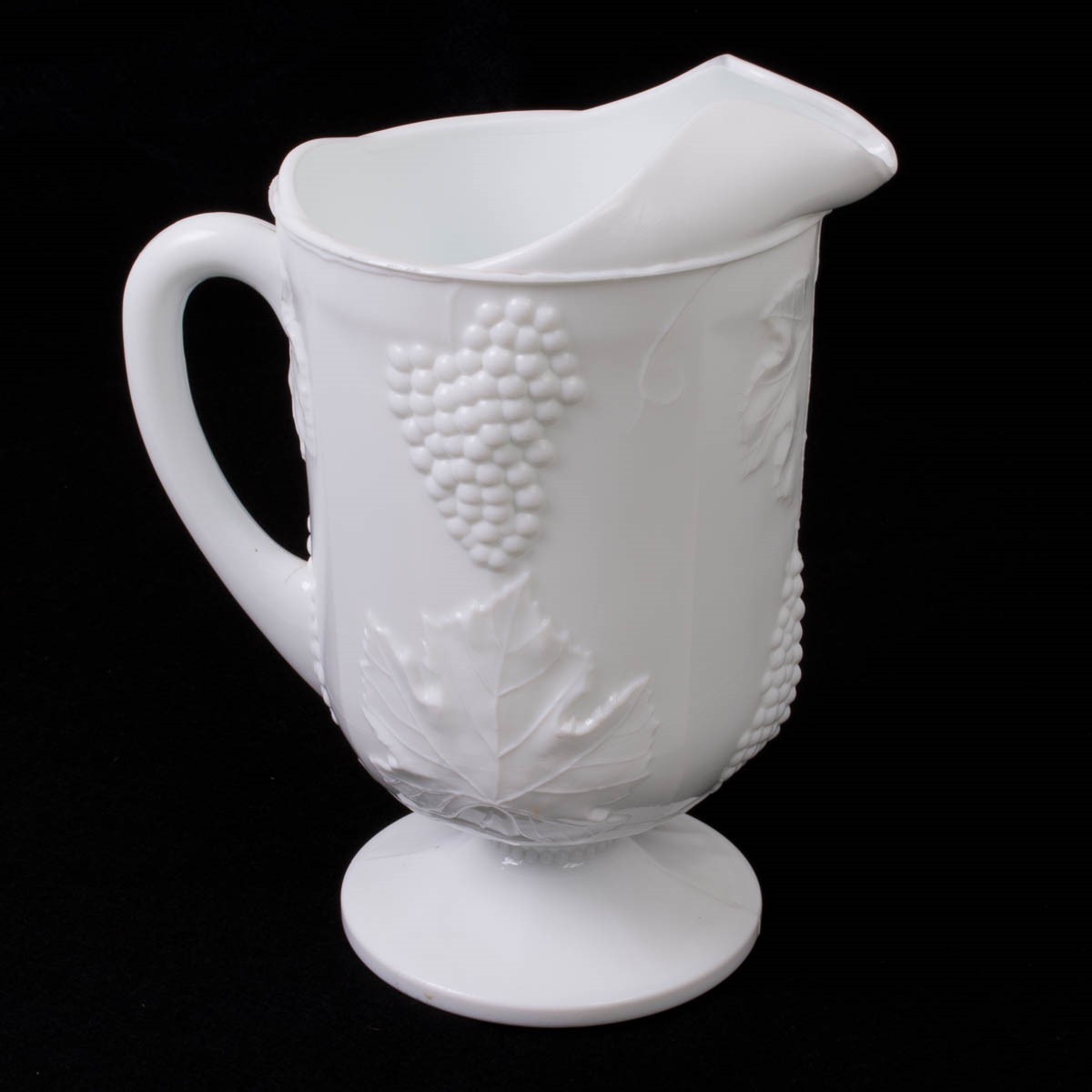 Vintage White Milk Glass Paneled Footed Pitcher Grape Vine Pattern 10.5\
