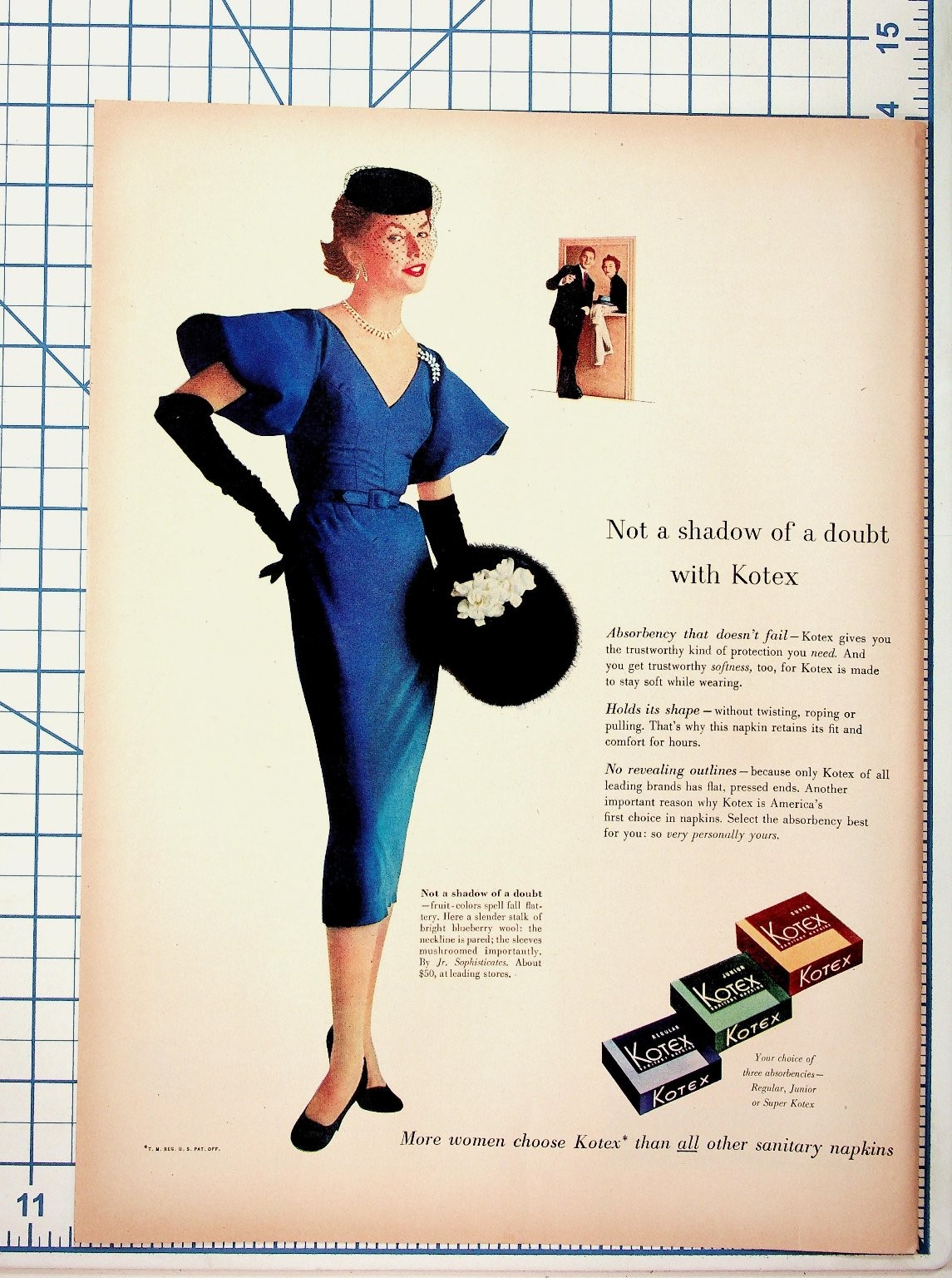 Vintage 1950s Kotex Ad Woman Blue Dress Fashion Sanitary Napkins Print