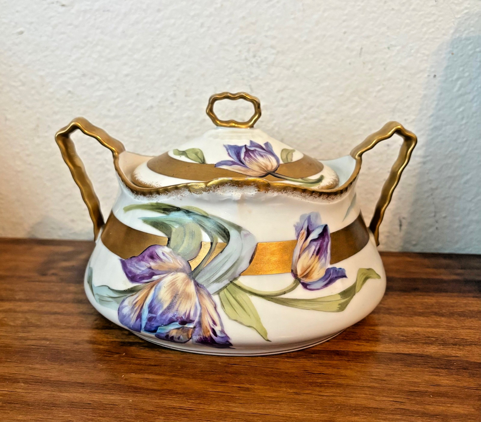 Antique LRL Limoges Hand Painted Art Nouveau Porcelain Covered Bowl, France