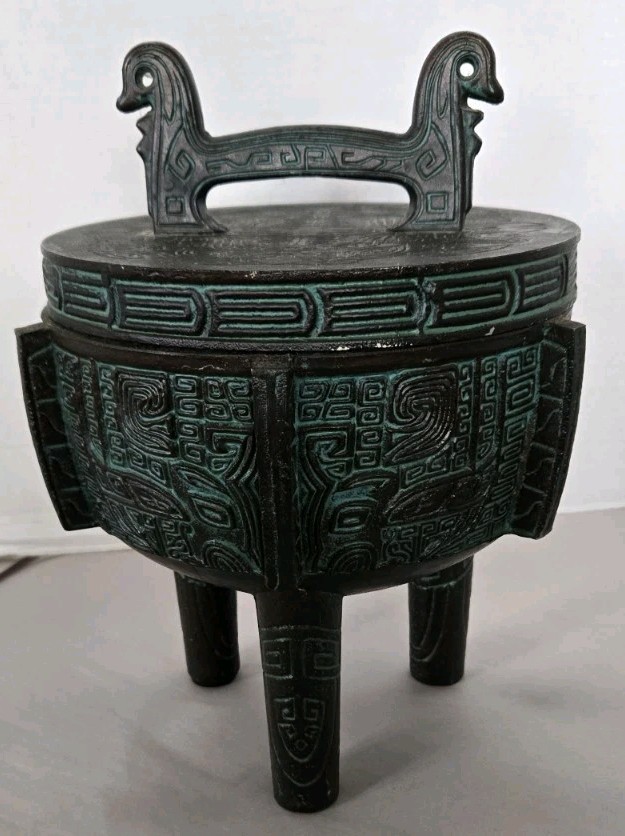 Vtg James Mount Mid-Century Ice Bucket W Dragon Handles Verdigris 10.5