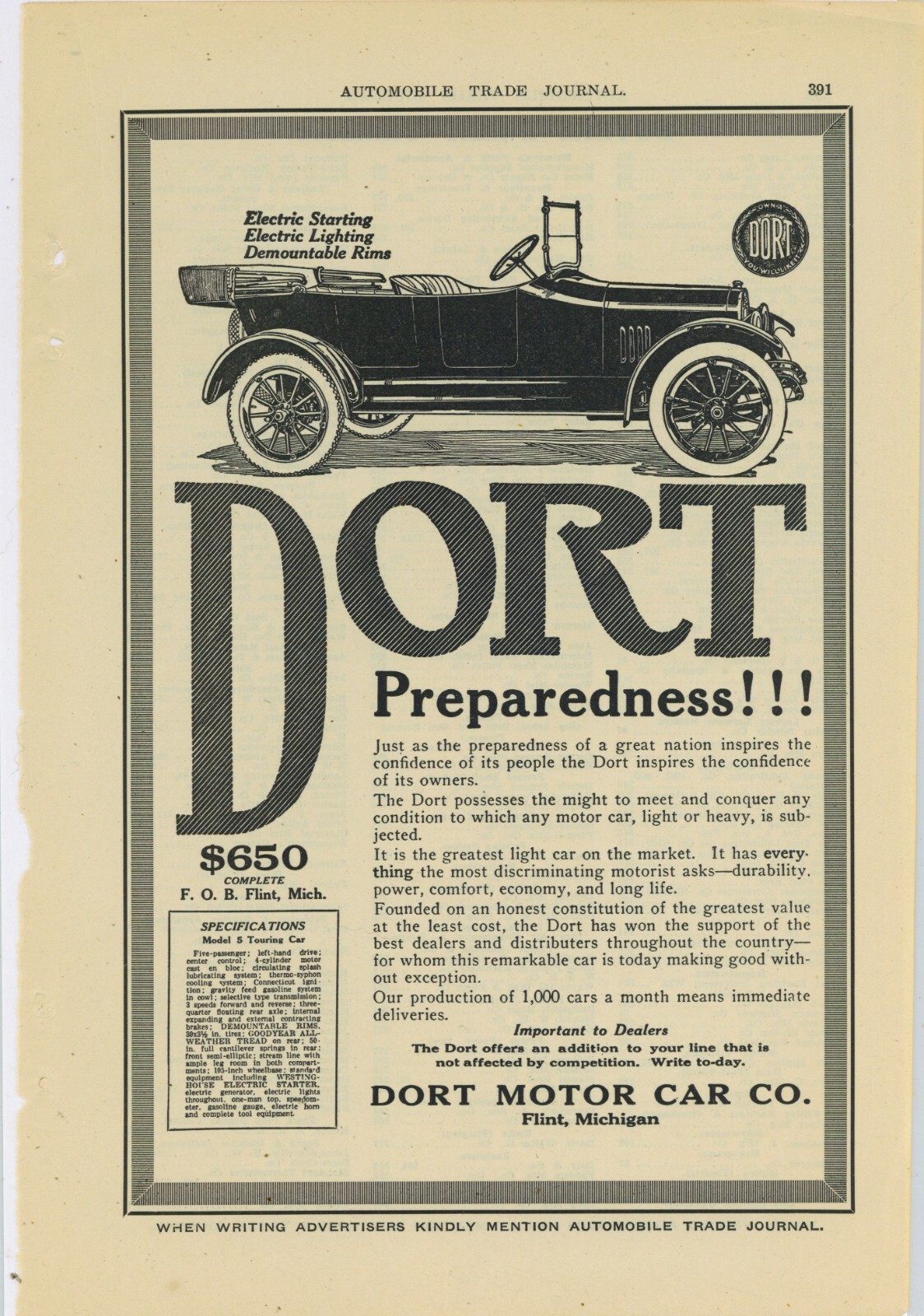 1916 Dort Motor Car Co. Ad: Model 5 Touring Car - Flint, Michigan - Preparedness