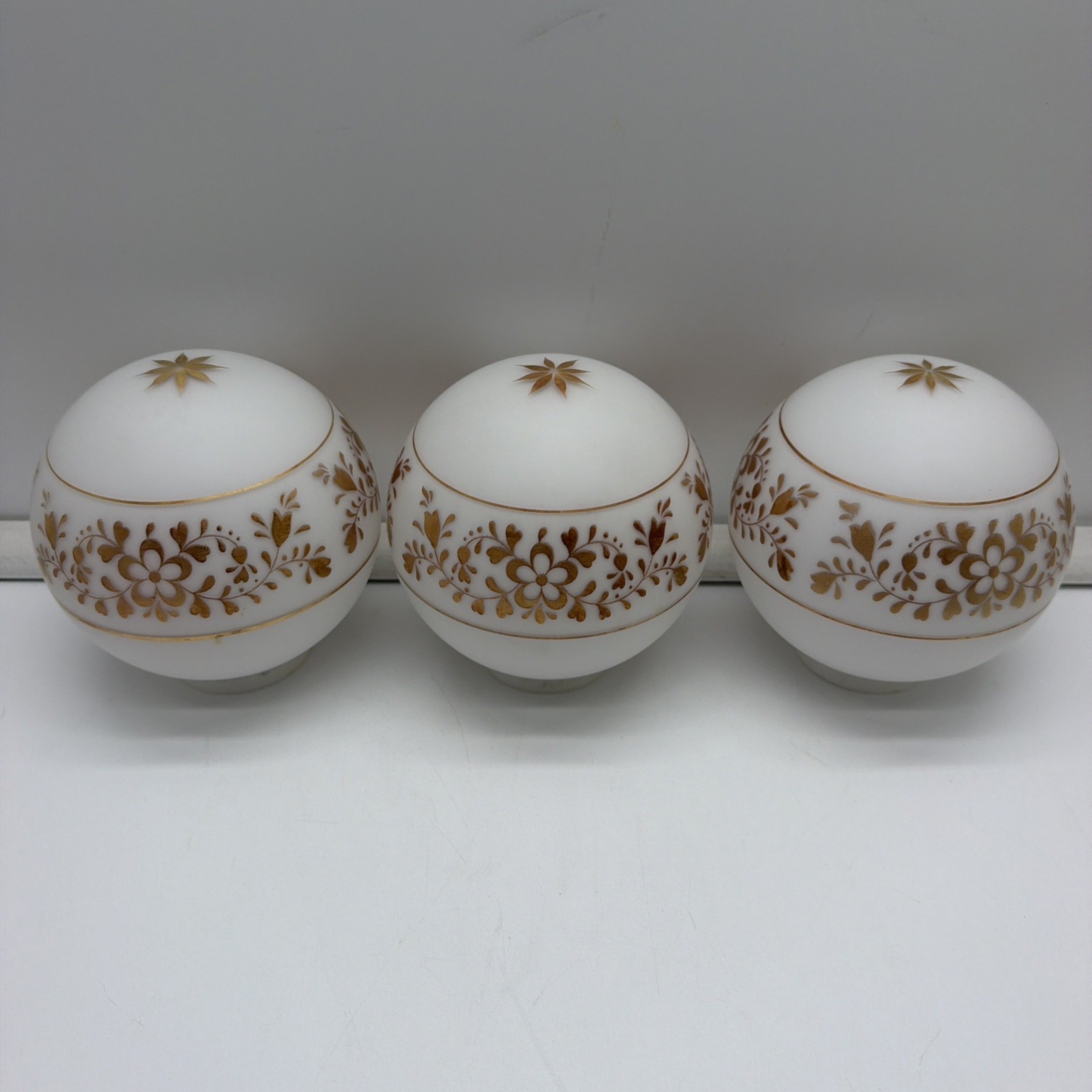 Vintage MCM White Glass Globe Ceiling Shade Gold Flowers Design Set of 3