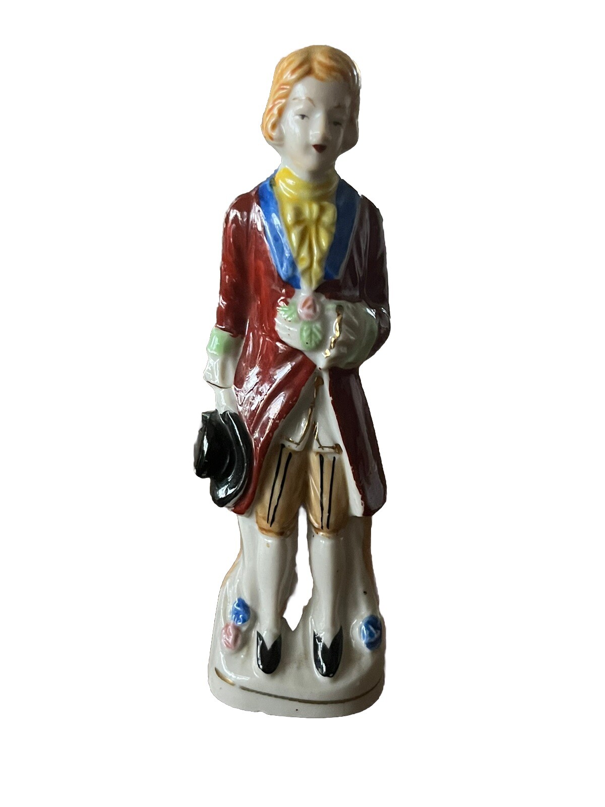 Vintage Porcelain Figurine ~ Colonial Man Holding Hat w/Gold 5” ~ Occ. Japan