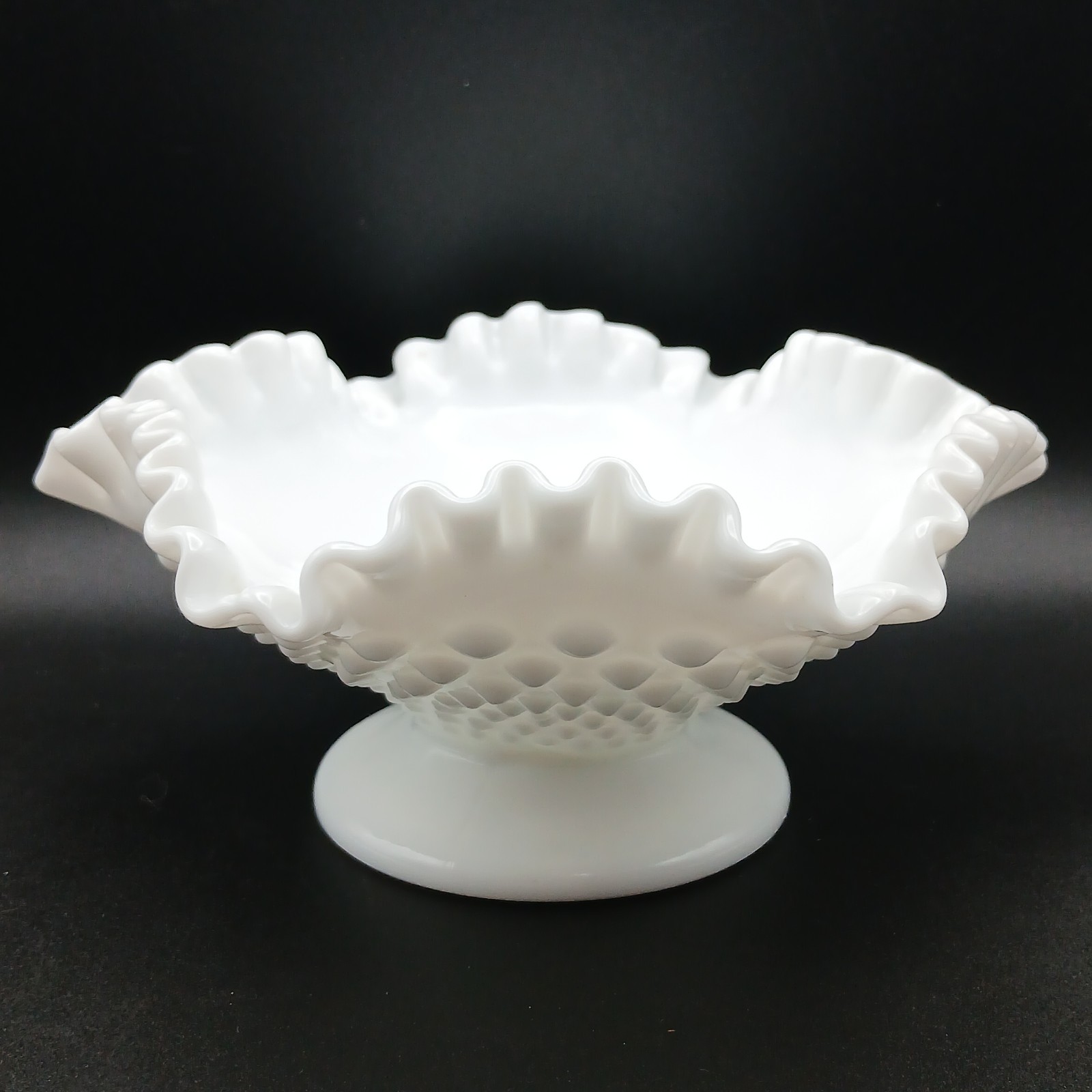 Vintage Fenton Hobnail Milk Glass Crimped Ruffled Footed Bowl Candy Dish 8\